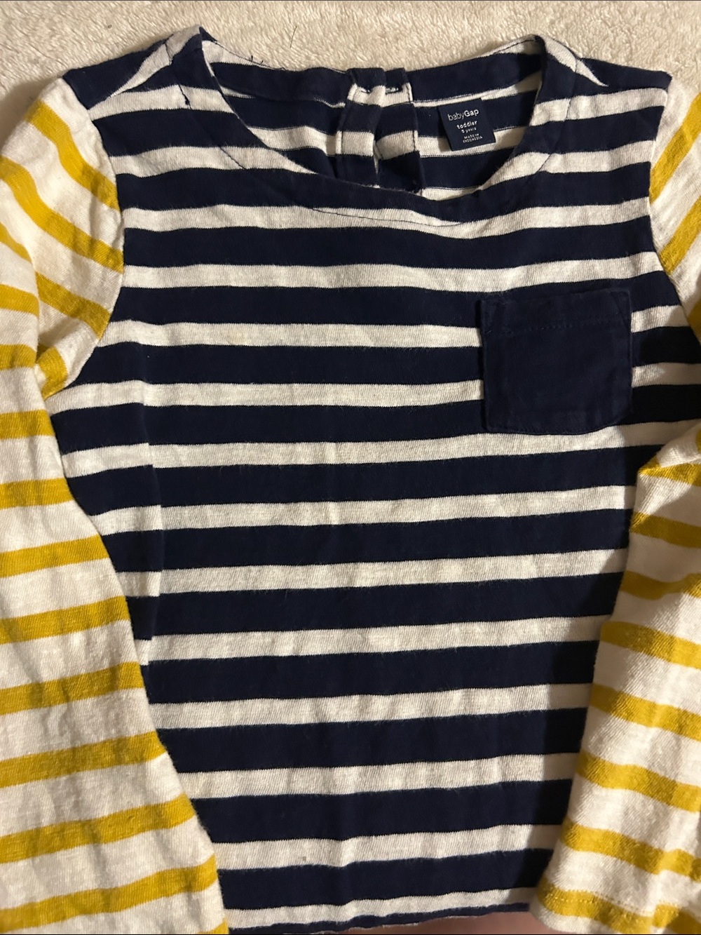 GAP Navy & White Striped Long Sleeve Tee with Yellow Striped Sleeves